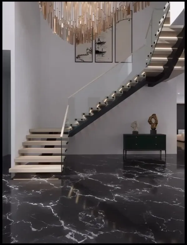 Hardwood floating stair detail in a Toronto interior