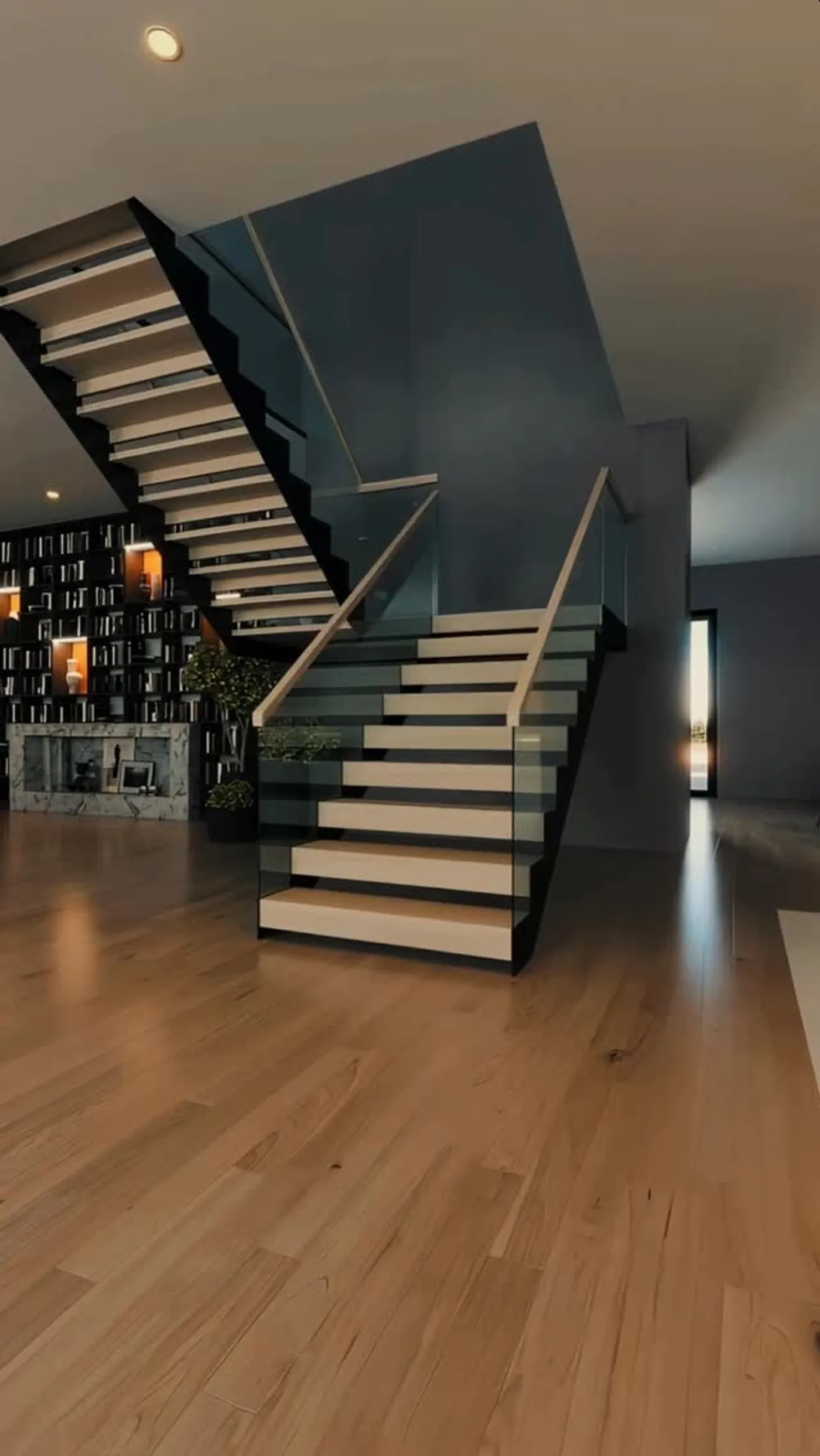 Glass balustrade rail system on floating stairs in Toronto